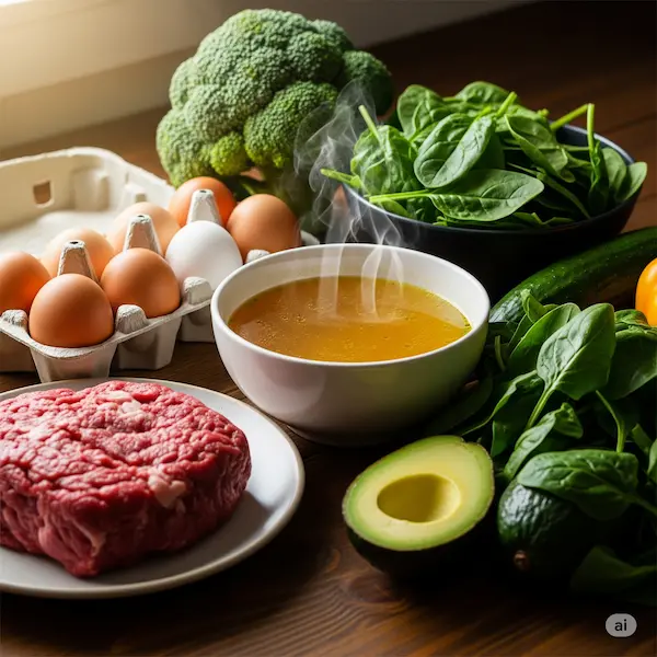 carne, huevos, verduras sobre mesa