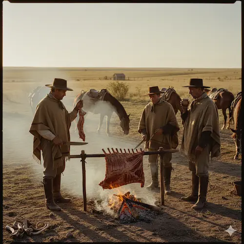 Gauchos argentinos cocinando carne en la pampa