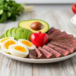 Plato con huevos, carne de res y aguacate