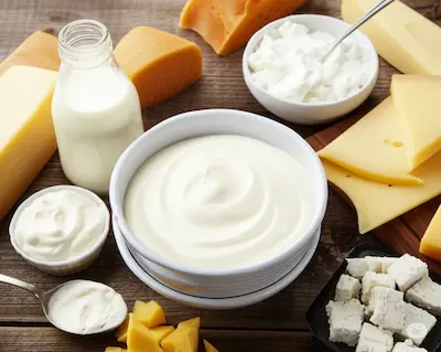 leche, yogur, queso, crema, yogur griego, manteca sobre una mesa.