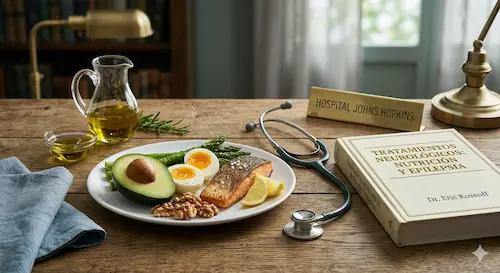 alimentos keto en una mesa con un estetoscopio y un libro de neurologia.